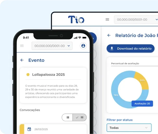 Imagem mostrando a plataforma TIO Digital para gestão de intermitentes, com gráficos e relatórios em desktop e mobile.