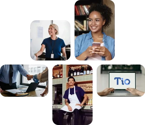 Diversos profissionais de diferentes setores, incluindo uma atendente, uma jovem usando celular, um empresário fechando contrato, um barista sorridente e alguém usando um tablet, demonstrando ambientes de trabalho, comércio e comunicação. Imagens que representam o diversos profissionais intermitentes.